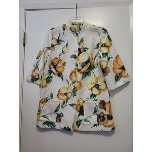 Tipapa Vintage Floral Tahiti Bora Bora 3/4 Sleeve Blouse Size 12 White Gold